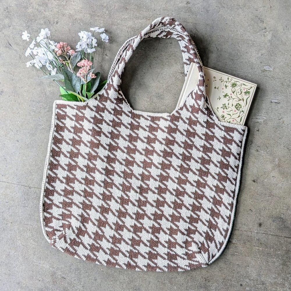 Anthropologie Printed Knit Tote Bag Brown Knit Houndstooth